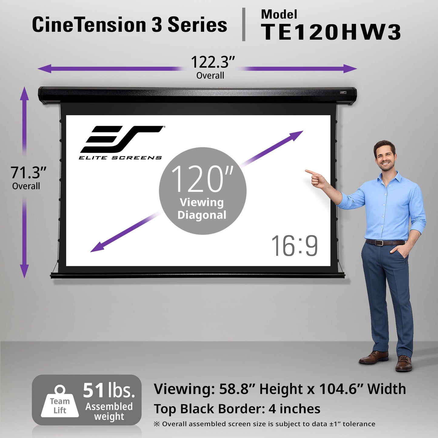 Elite Screens CineTension 3 Series projector screen with dimensions and features displayed.