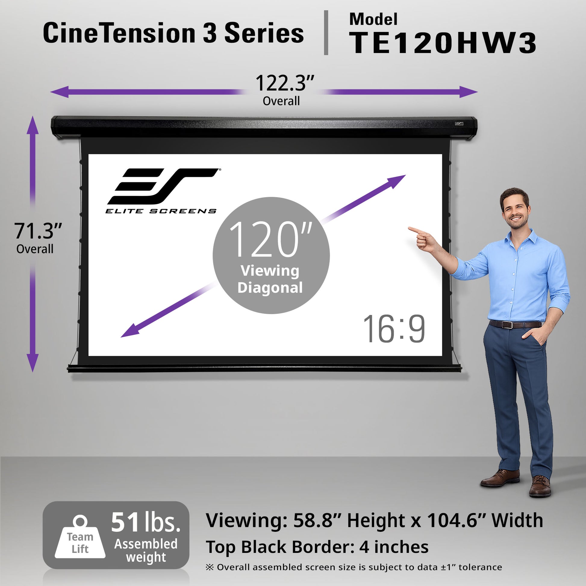 Elite Screens CineTension 3 Series projector screen with dimensions and features displayed.