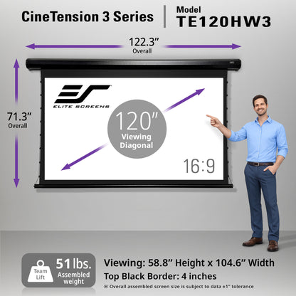 Elite Screens CineTension 3 Series projector screen with dimensions and features displayed.