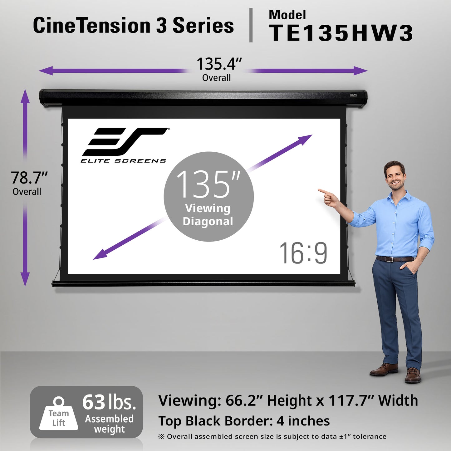 Elite Screens CineTension 3 Series projector screen with dimensions and features displayed.