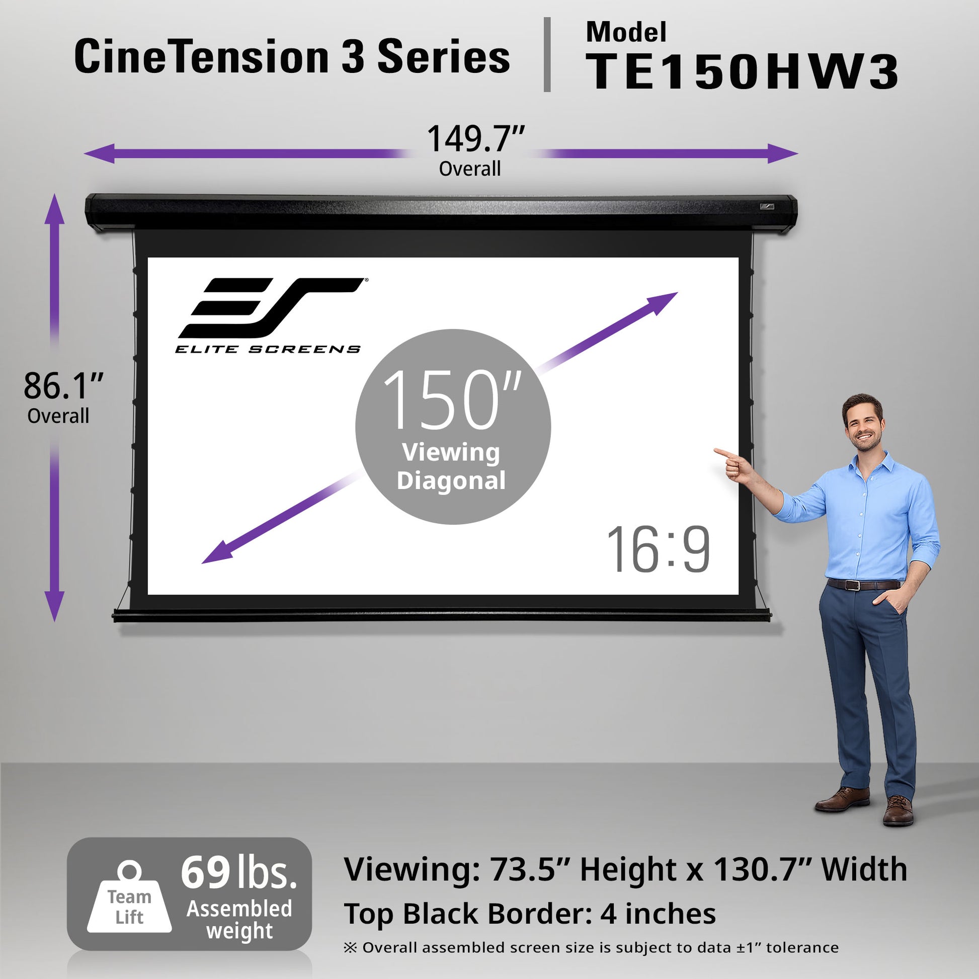 Elite Screens CineTension 3 Series projector screen with dimensions and features displayed.