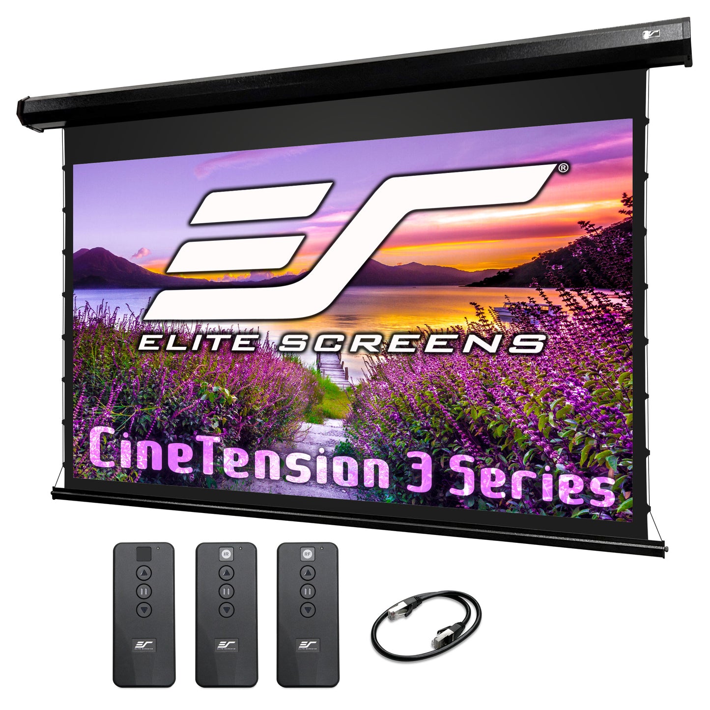Elite Screens CineTension 3 Series projection screen with remote controls and cable on a white background