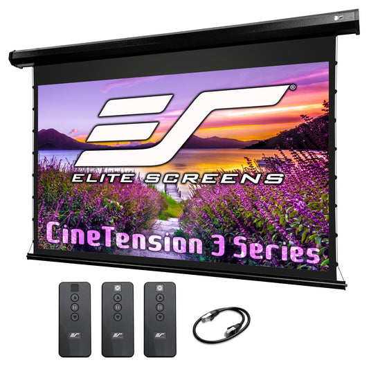 Elite Screens CineTension 3 Series projection screen with remote controls and cable on a white background