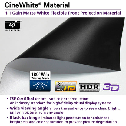 CineWhite material for projection screens with ISF certification and features listed.