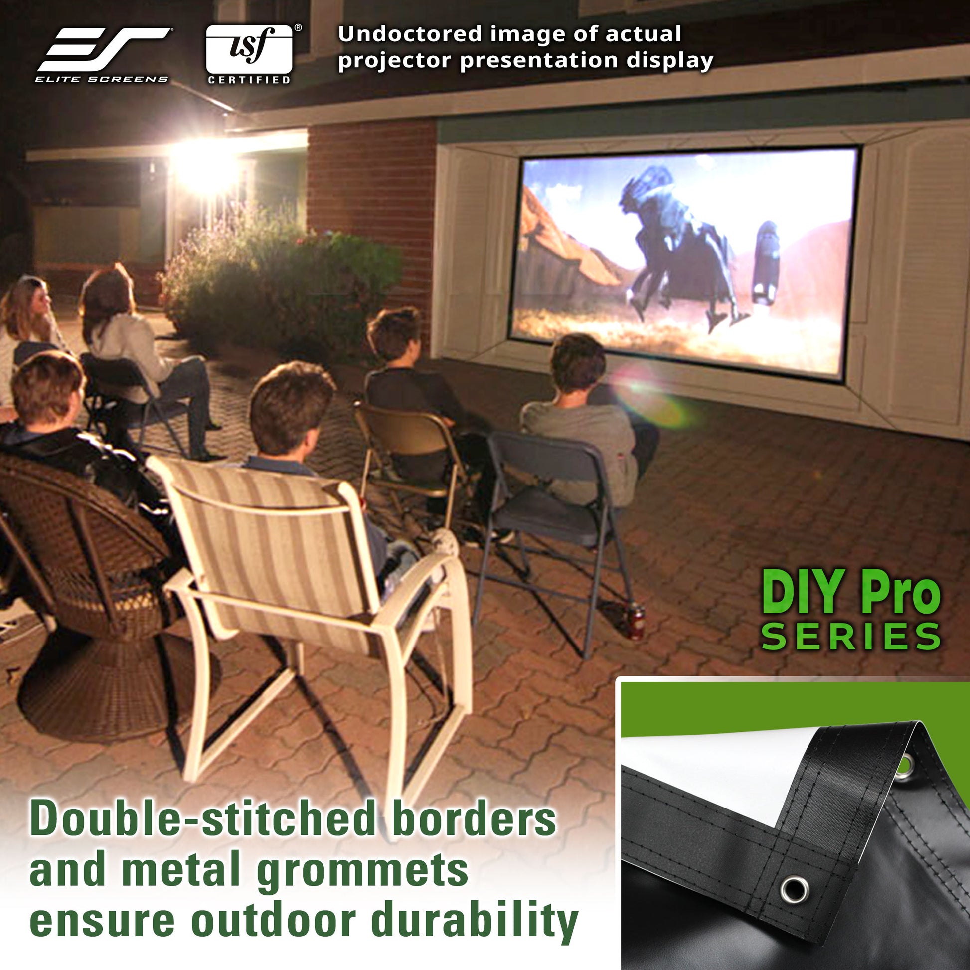 People watching a movie on an outdoor screen with Elite Screens and USF logos.