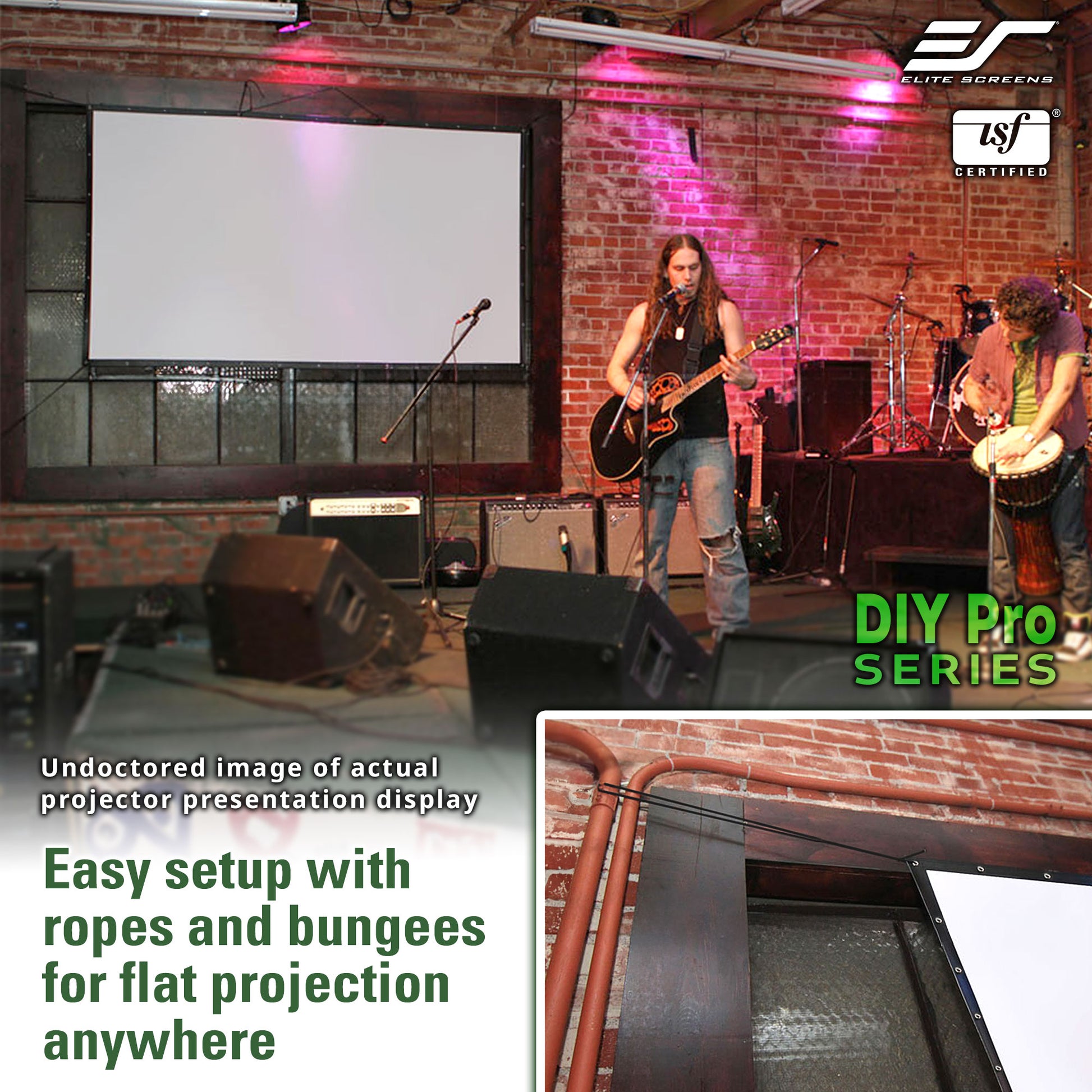 Music performance with a projector screen and equipment, featuring Elite Screens branding.