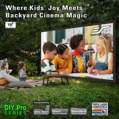 Children watching a movie on an outdoor screen with EverScreen branding.