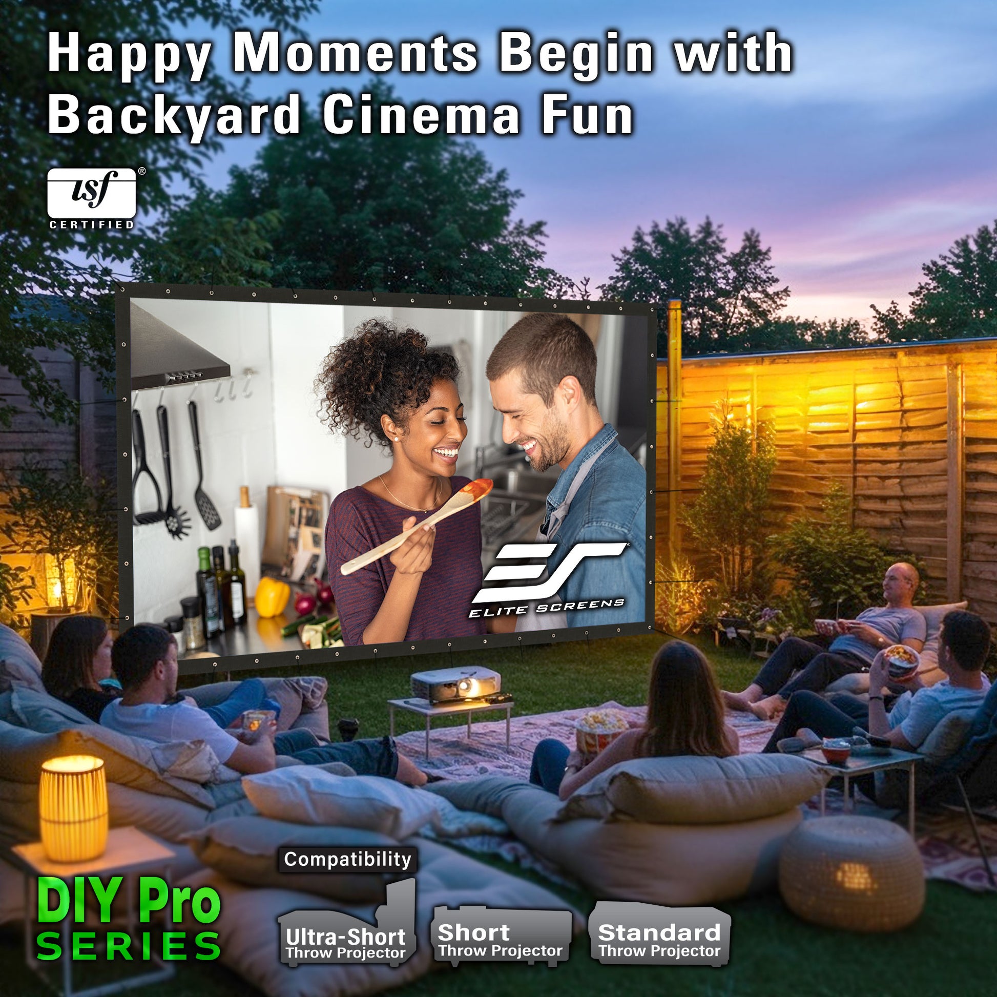 People watching a movie on an outdoor screen in a backyard setting with Elite Screens branding.