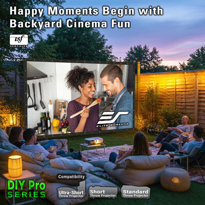 People watching a movie on an outdoor screen in a backyard setting with Elite Screens branding.