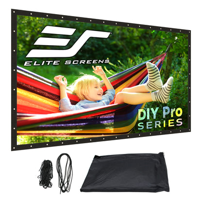 Elite Screens DIY Pro Series outdoor screen with a child in a hammock, accompanied by cables and a carrying case.