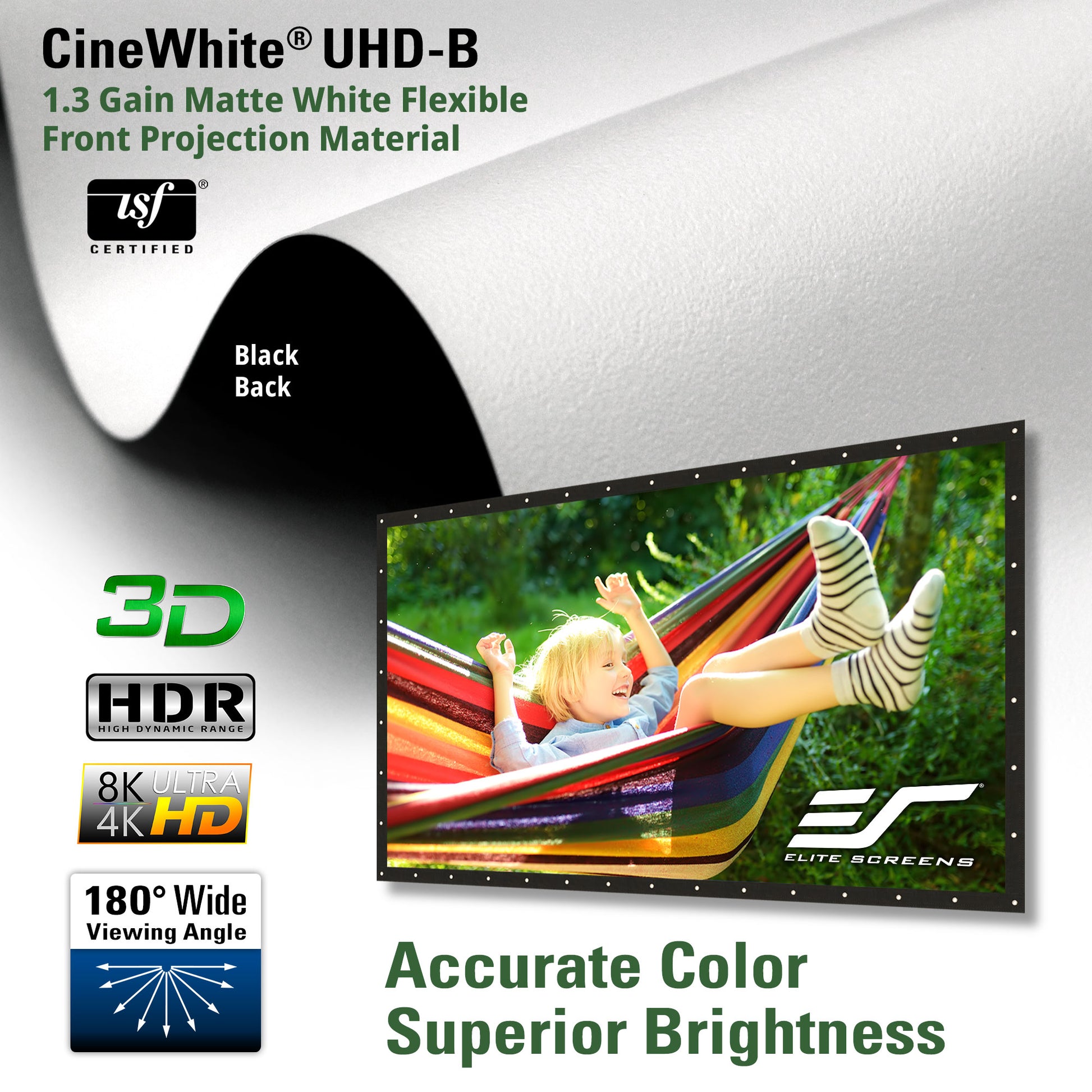 CineWhite UHD-B projection screen material with a person in a hammock on a screen displaying 'Elite Screens' logo.