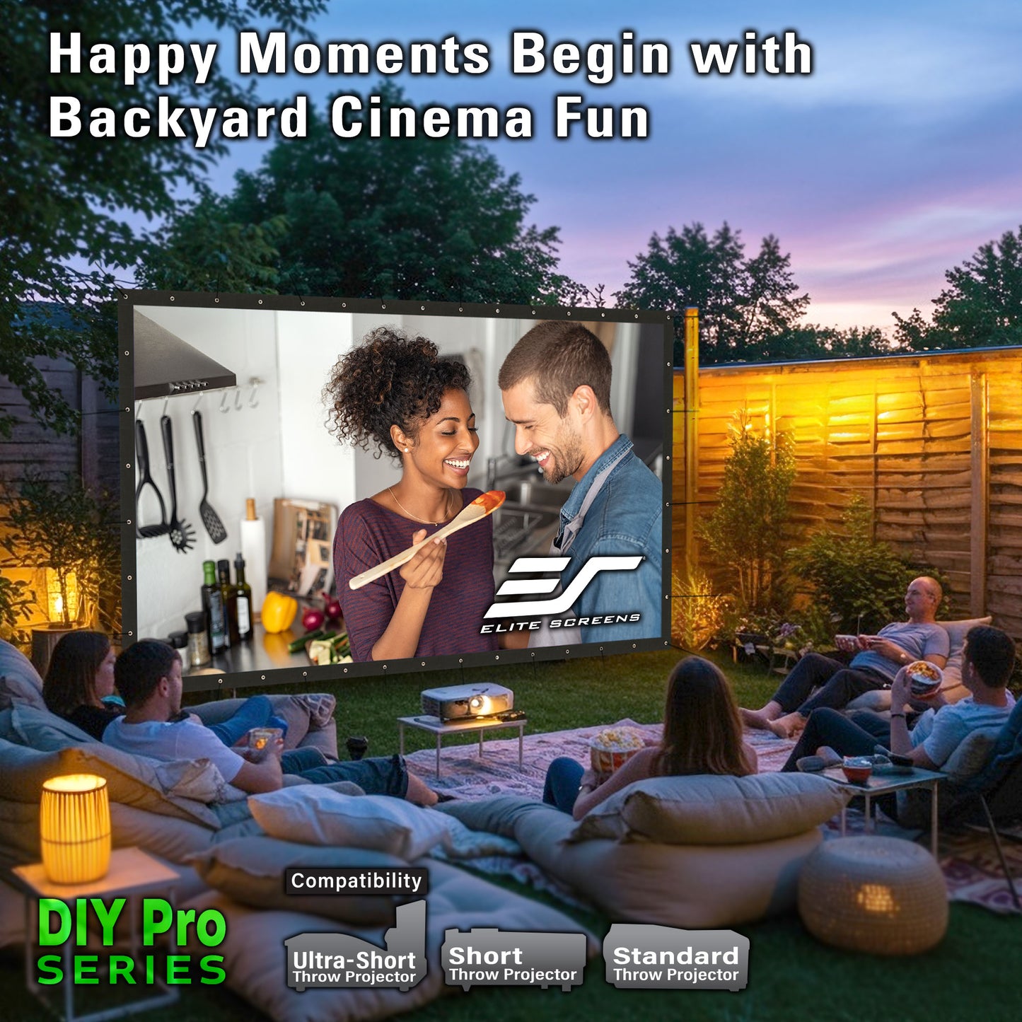 People watching a movie on an outdoor screen in a backyard setting with Elite Screens logo.