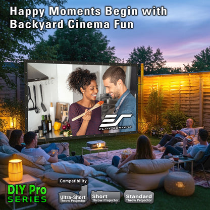 People watching a movie on an outdoor screen in a backyard setting with Elite Screens logo.