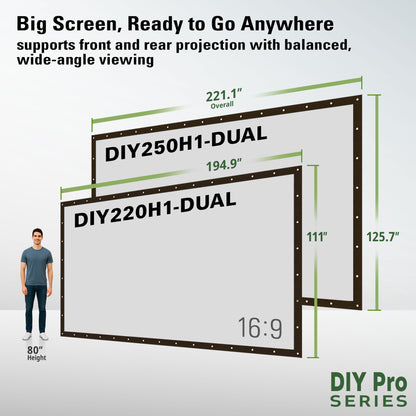 DIY outdoor projection screen with dimensions and a person for scale on a white background