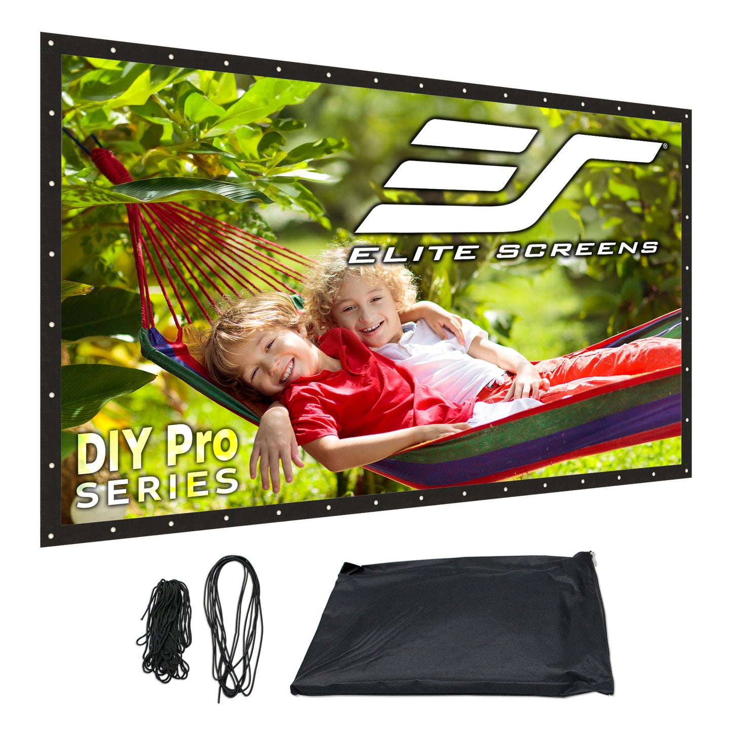 Elite Screens DIY Pro Series outdoor screen with children in a hammock and accessories.