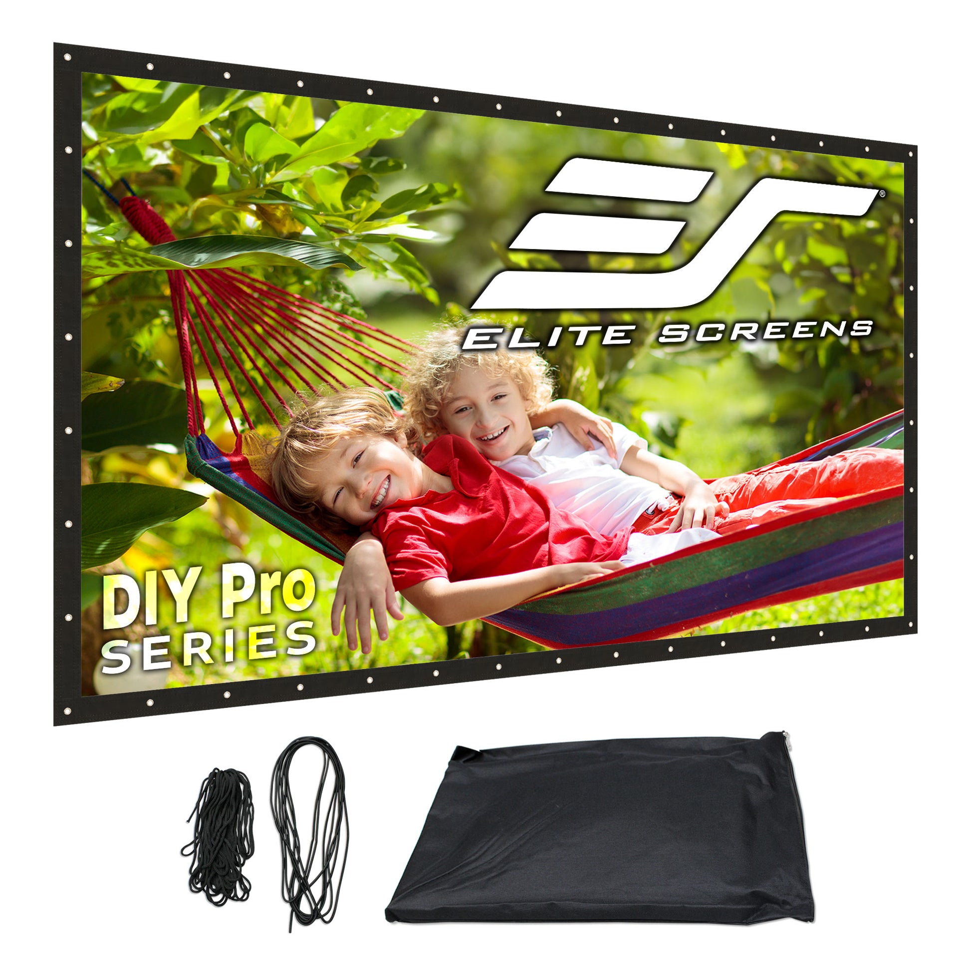 Elite Screens DIY Pro Series outdoor screen with children in a hammock and accessories.