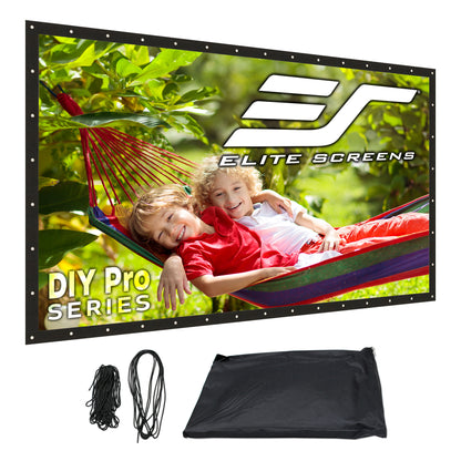 Elite Screens DIY Pro Series outdoor screen with children in a hammock and accessories.