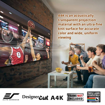 A large wall-mounted projection screen shows a basketball game scene, with several people sitting on a couch in a living room watching. Text on the right describes the screen material, and logos at the bottom read Elite Screens, DesignerCut A4K, and Frame Not Included.