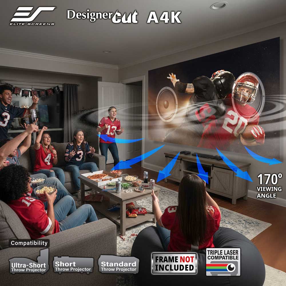 A living room scene showing a large projected sports scene on a wall, with people sitting on couches and beanbags watching. The image includes marketing text such as 'DesignerCut A4K', '170° viewing angle', compatibility badges, and a note that the frame is not included.