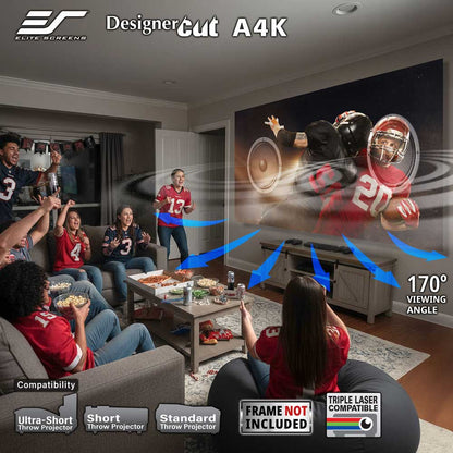 A living room scene showing a large projected sports scene on a wall, with people sitting on couches and beanbags watching. The image includes marketing text such as 'DesignerCut A4K', '170° viewing angle', compatibility badges, and a note that the frame is not included.