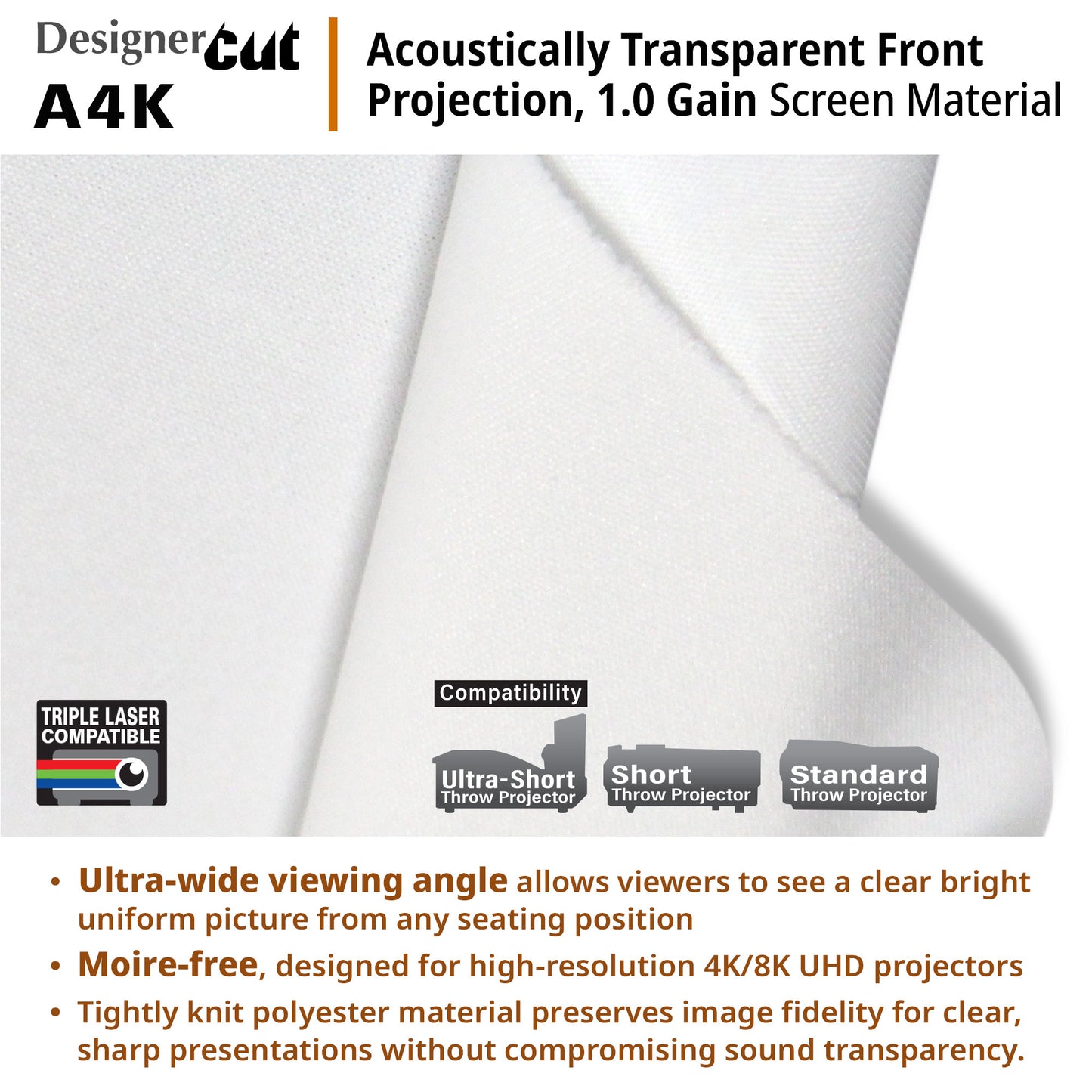 Acoustically transparent front projection screen material with product features highlighted.