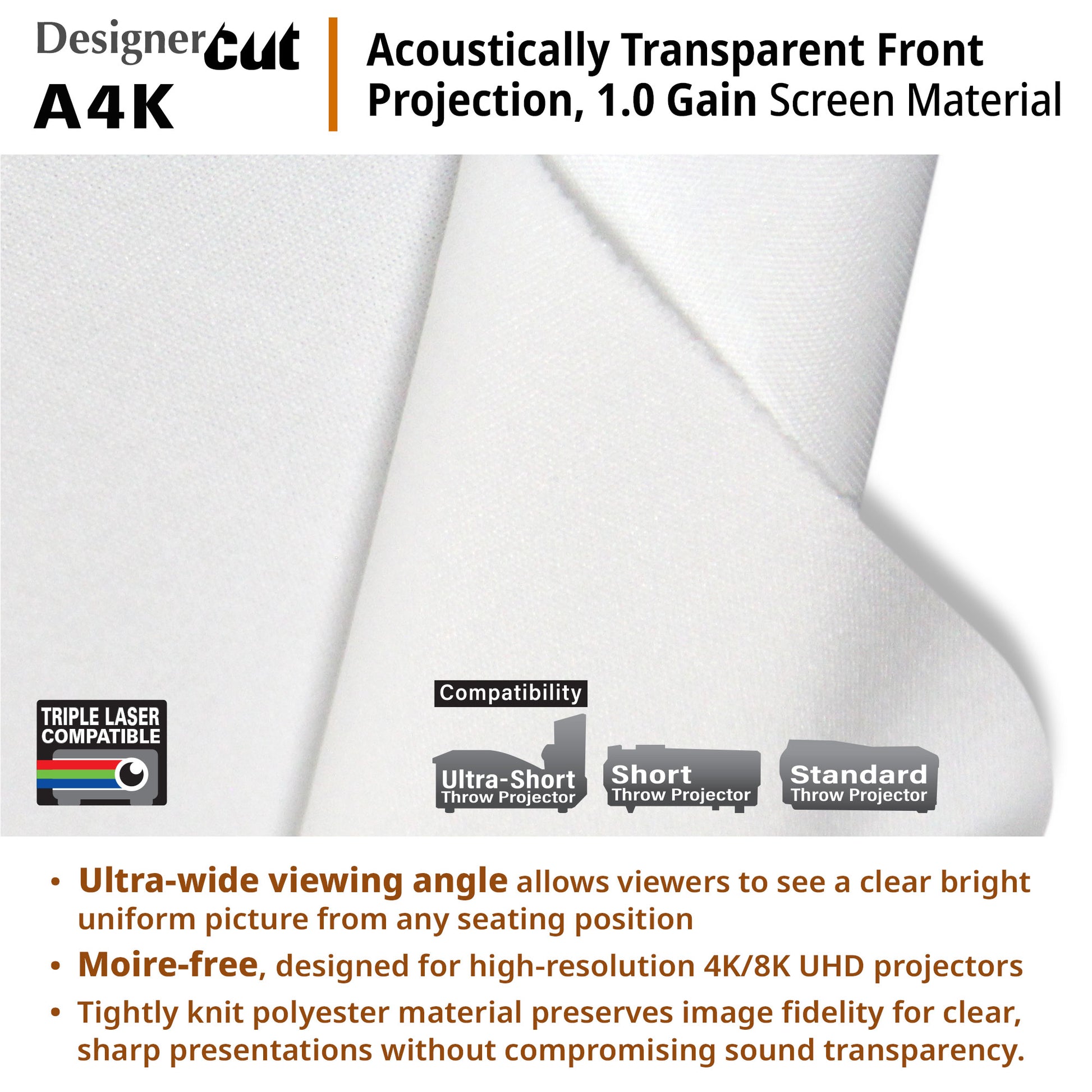 Acoustically transparent front projection screen material with product features highlighted.