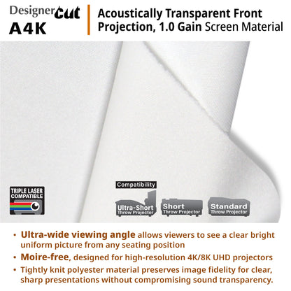 Acoustically transparent front projection screen material with product features highlighted.