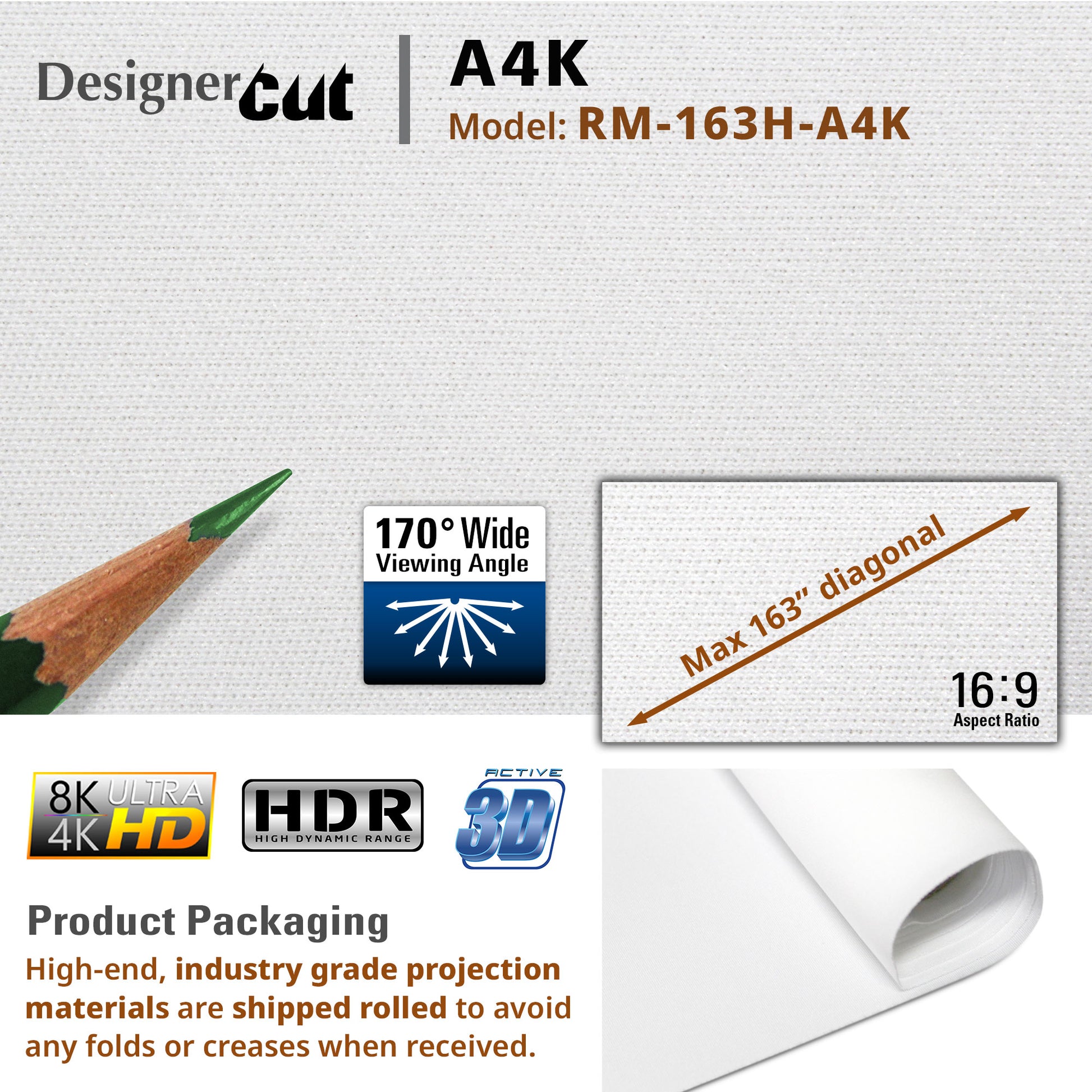 High-end projection material with specifications and branding on a white background