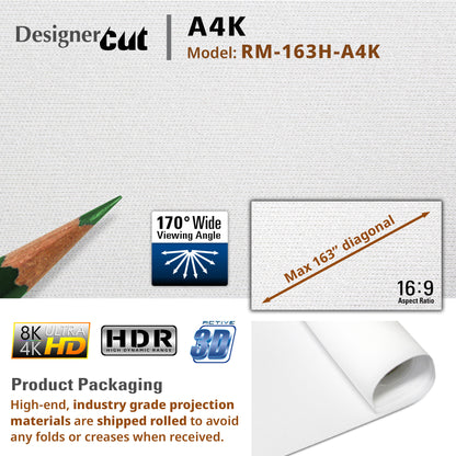 High-end projection material with specifications and branding on a white background