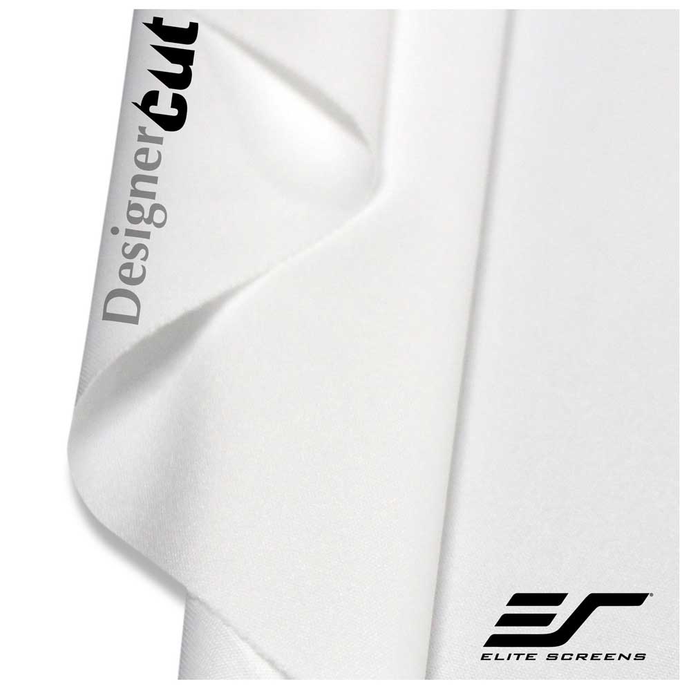 A close-up of a white fabric or vinyl material roll with a curved fold, showing the text 'Designer cut' printed on one side and the 'Elite Screens' logo in the bottom right corner.