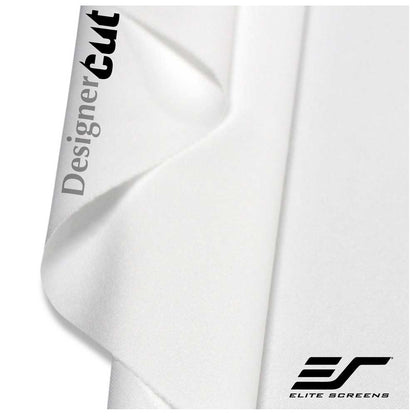 A close-up of a white fabric or vinyl material roll with a curved fold, showing the text 'Designer cut' printed on one side and the 'Elite Screens' logo in the bottom right corner.