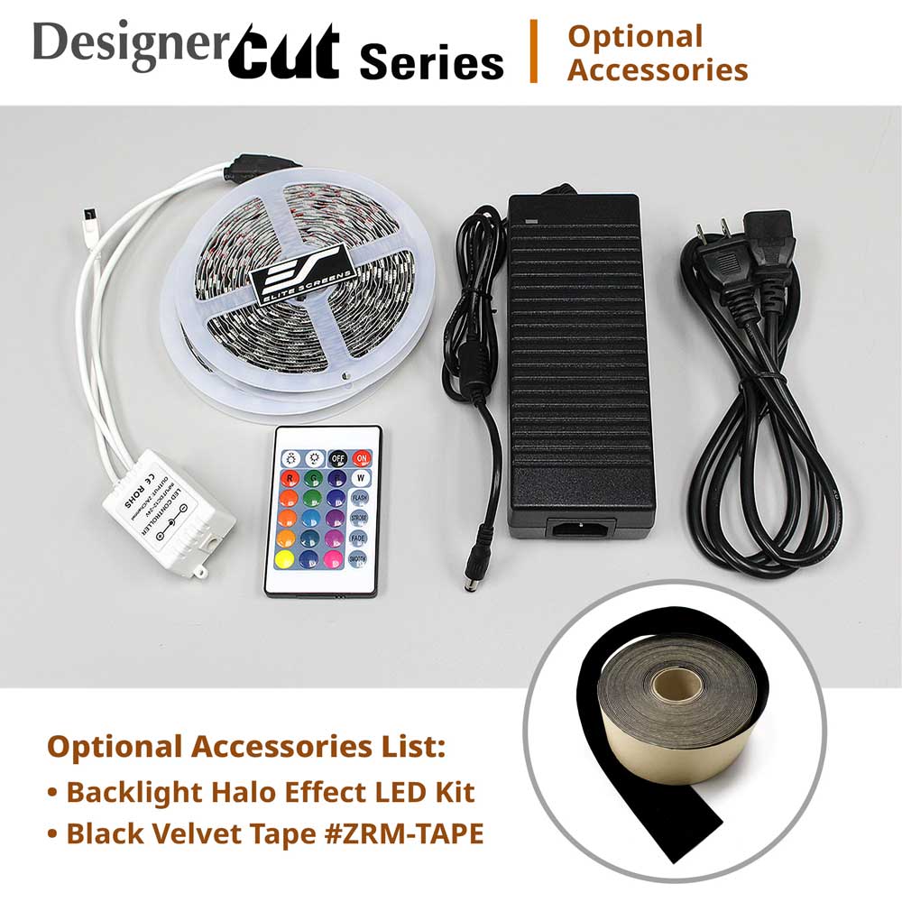 Designer Cut Series LED light strip kit with a coiled white cable, black power adapter, black power cord, a small remote control, and a roll of black velvet tape shown in an inset circle. The image includes text labels and branding on a light gray background.