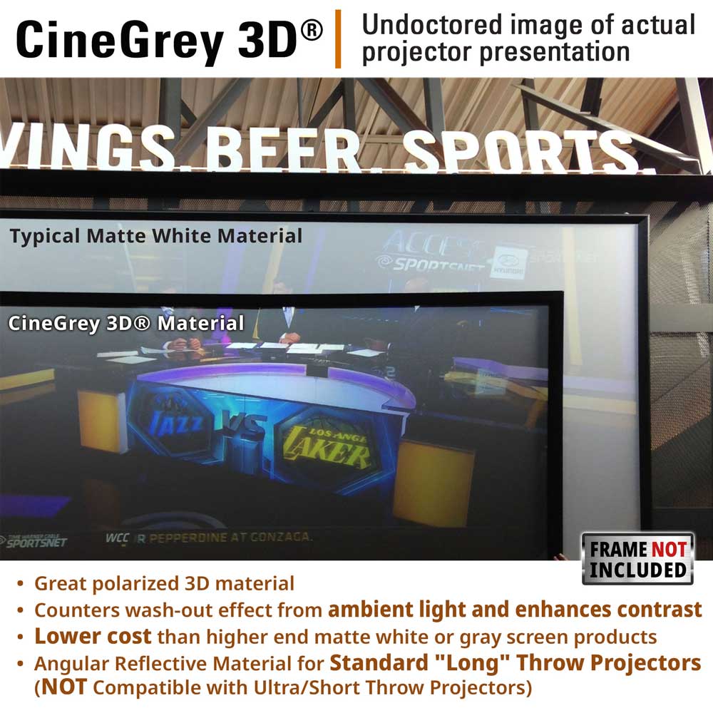 A large projection screen displays a 3D movie scene with a purple and blue studio set. The image includes marketing text overlays explaining that this is an undistorted image of actual projector presentation for CineGrey 3D material, with bullet points about the reflective properties and compatibility with standard throw projectors.