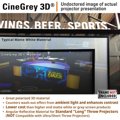 A large projection screen displays a 3D movie scene with a purple and blue studio set. The image includes marketing text overlays explaining that this is an undistorted image of actual projector presentation for CineGrey 3D material, with bullet points about the reflective properties and compatibility with standard throw projectors.