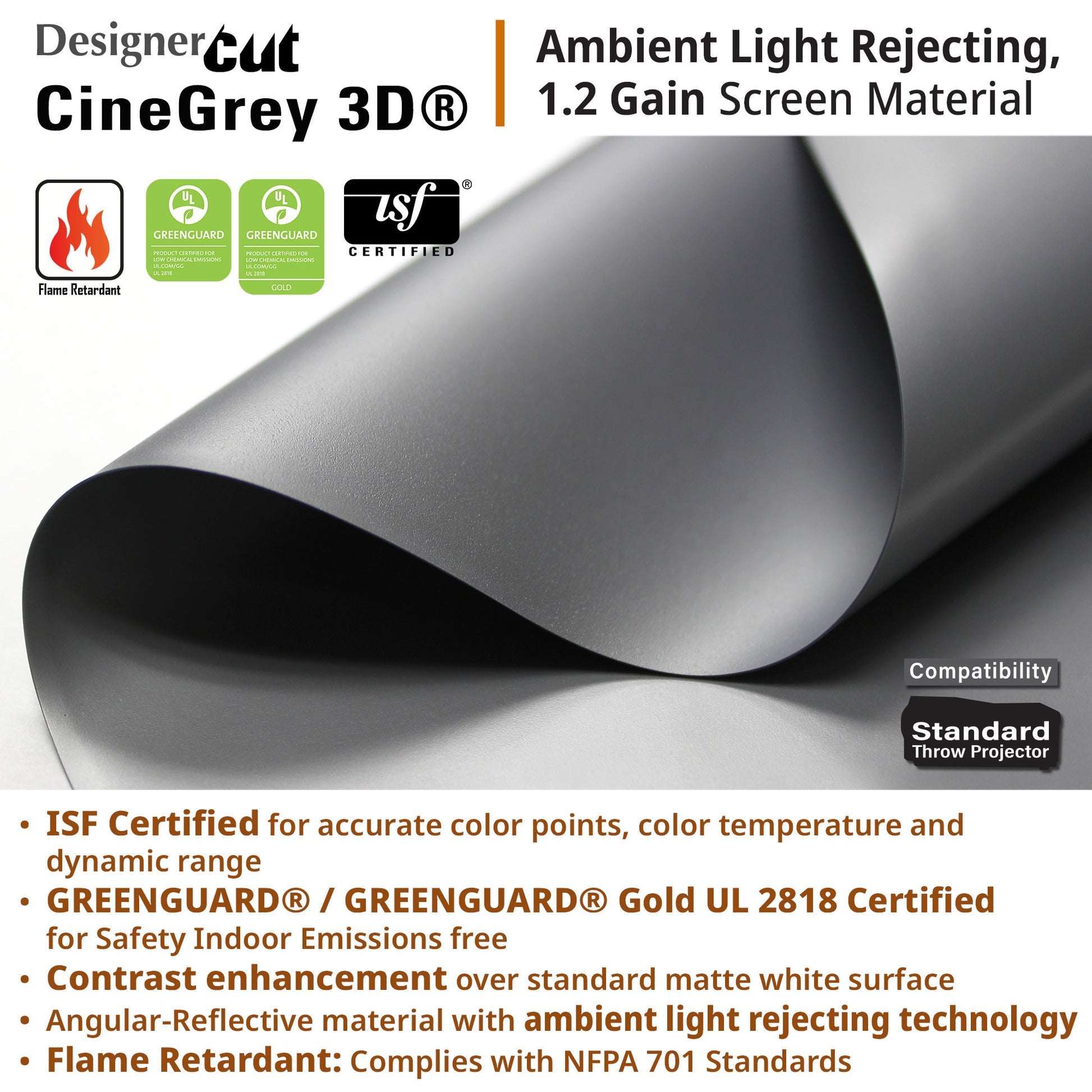 CineGrey 3D screen material with certification logos and product features on a white background