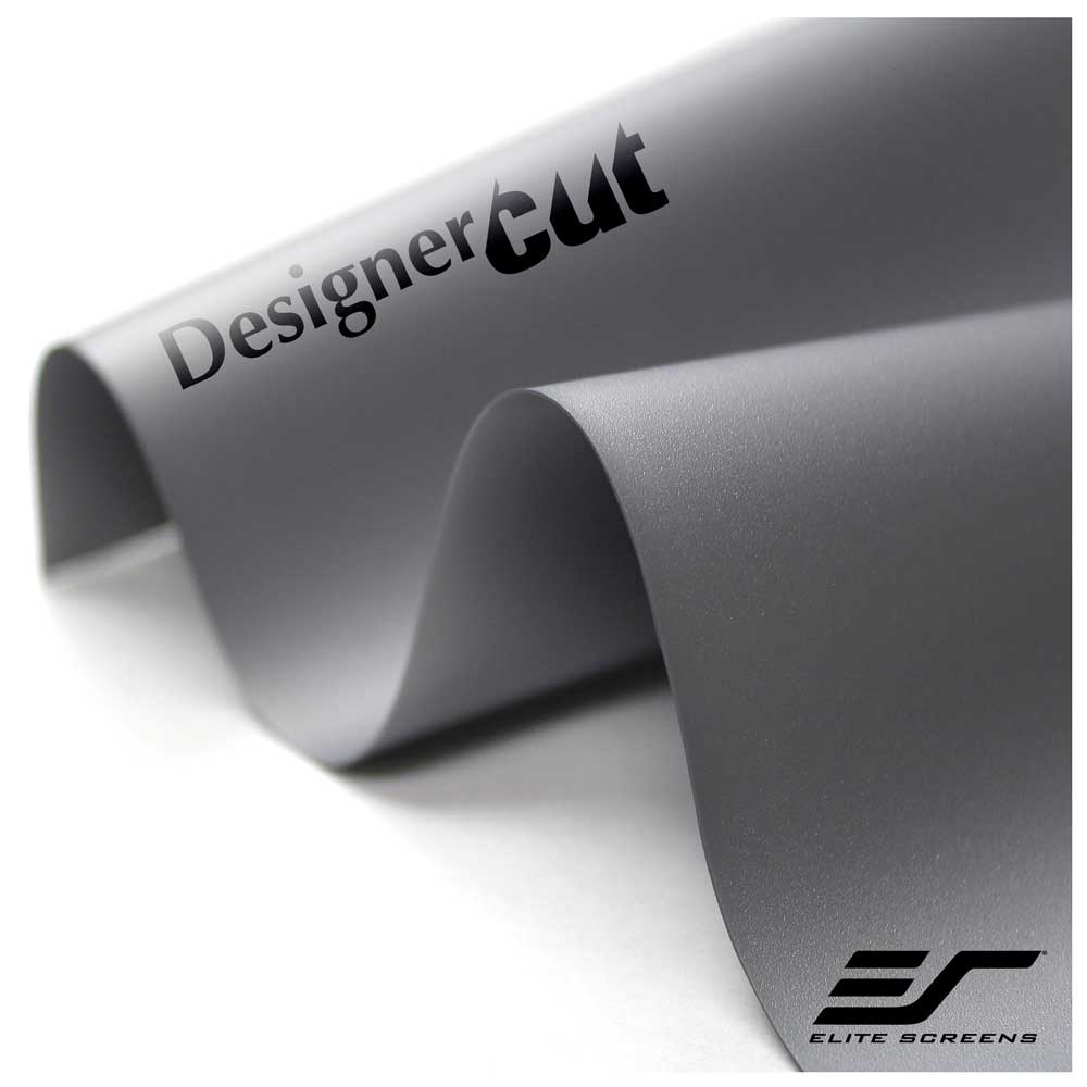 A close-up of a rolled gray film or vinyl sheet with the words 'DesignerCut' printed on it and an 'Elite Screens' logo in the lower right corner, photographed on a white background.