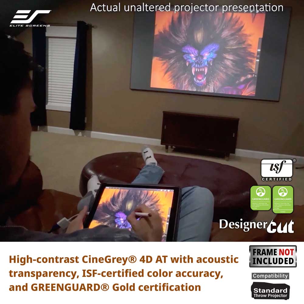 A person in a home theater setting uses a tablet to color-correct a large projector screen showing a monster print. The image includes branding and certification logos for Elite Screens, DesignerCut, ISF, and CineGrey.