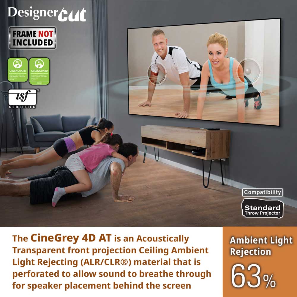 A promotional graphic for a DesignerCut CineG1e 4D AT projector throw, showing a living room setup with a large wall-mounted screen displaying a man and woman doing push-ups. The image includes text callouts for 'Frame NOT INCLUDED,' 'USF Certified,' 'Compatibility Standard Throw Projector,' and 'Ambient Light Rejection 63%'.