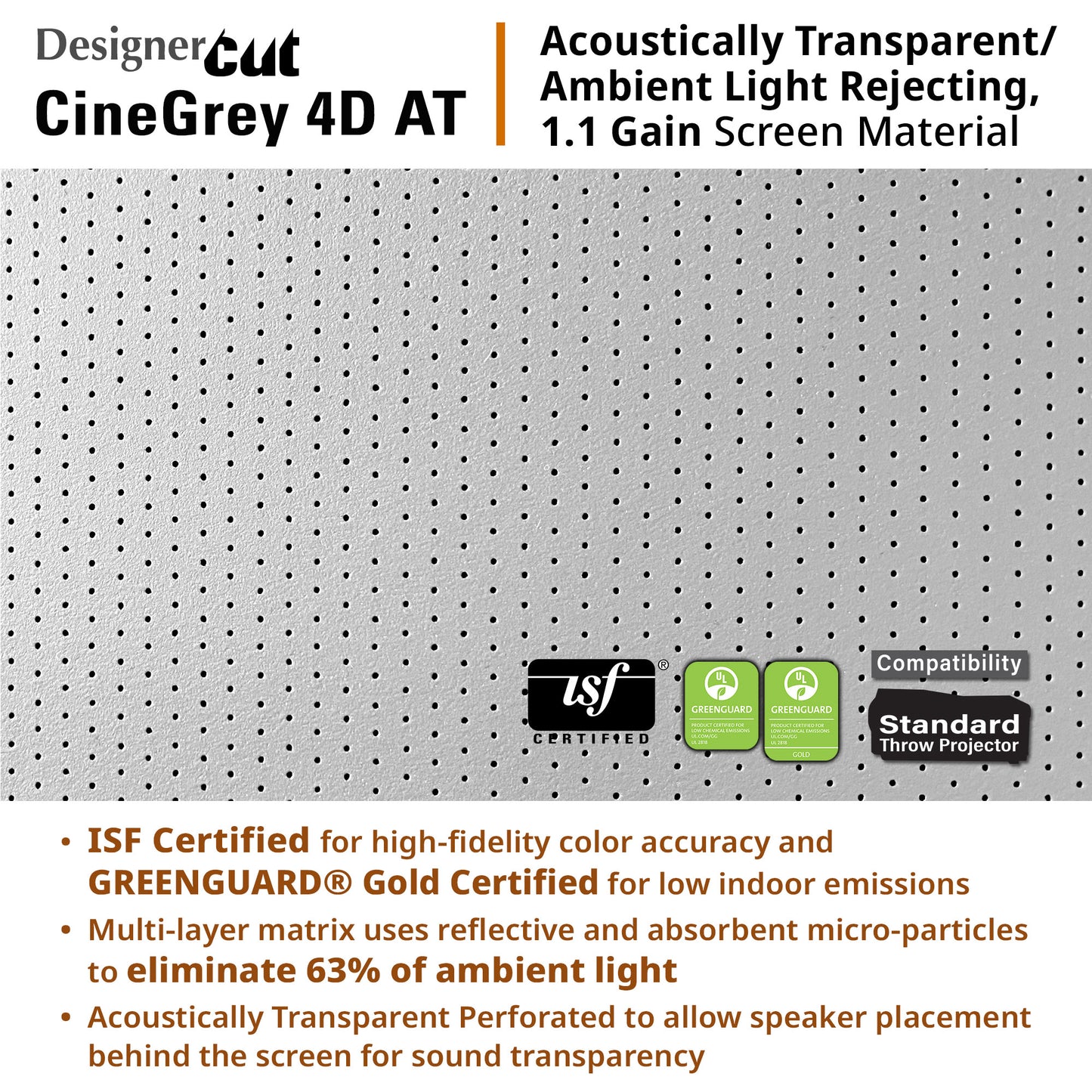 Acoustically transparent screen material with certification logos and product features.