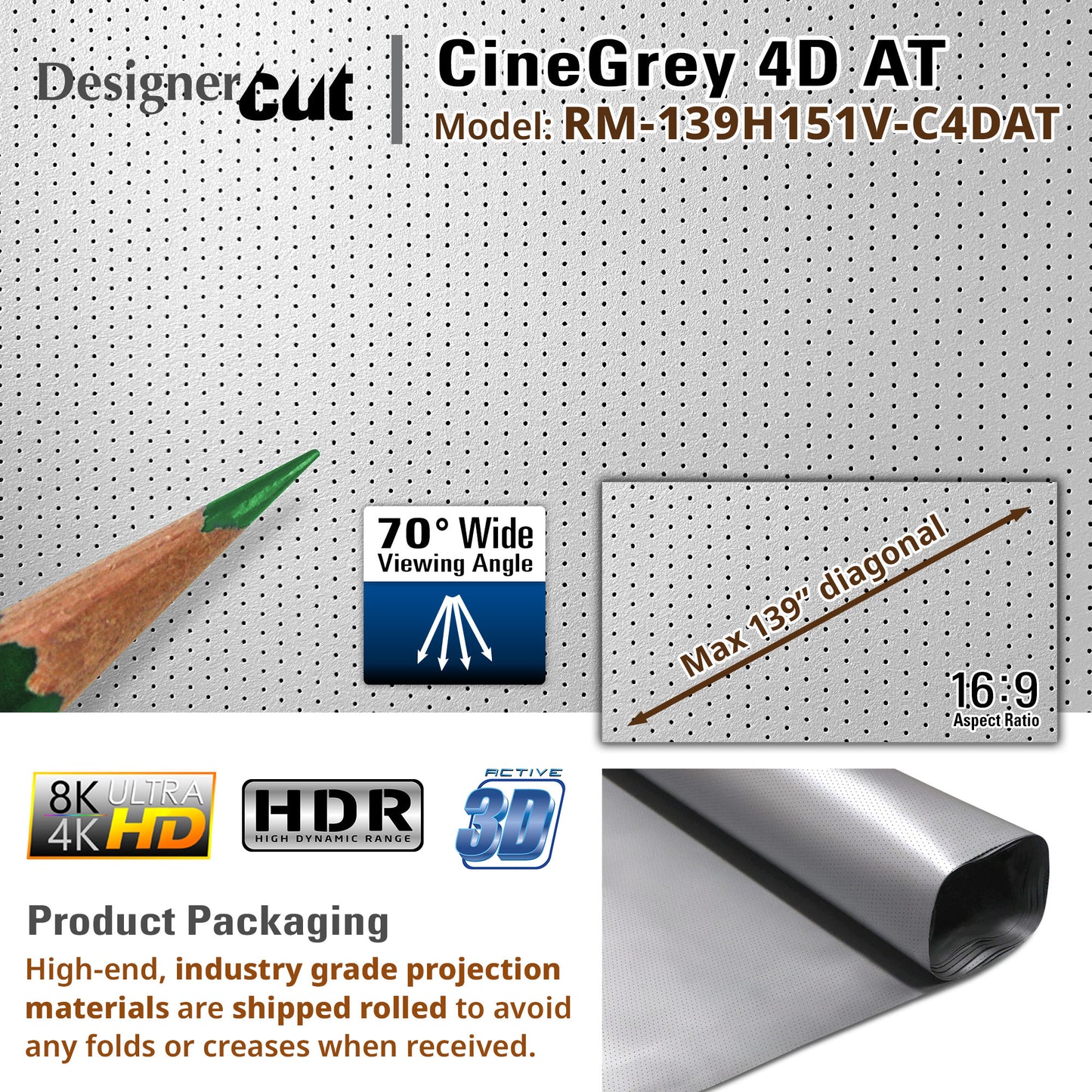 CineGrey 4D AT projection screen material with specifications and features on a white background.