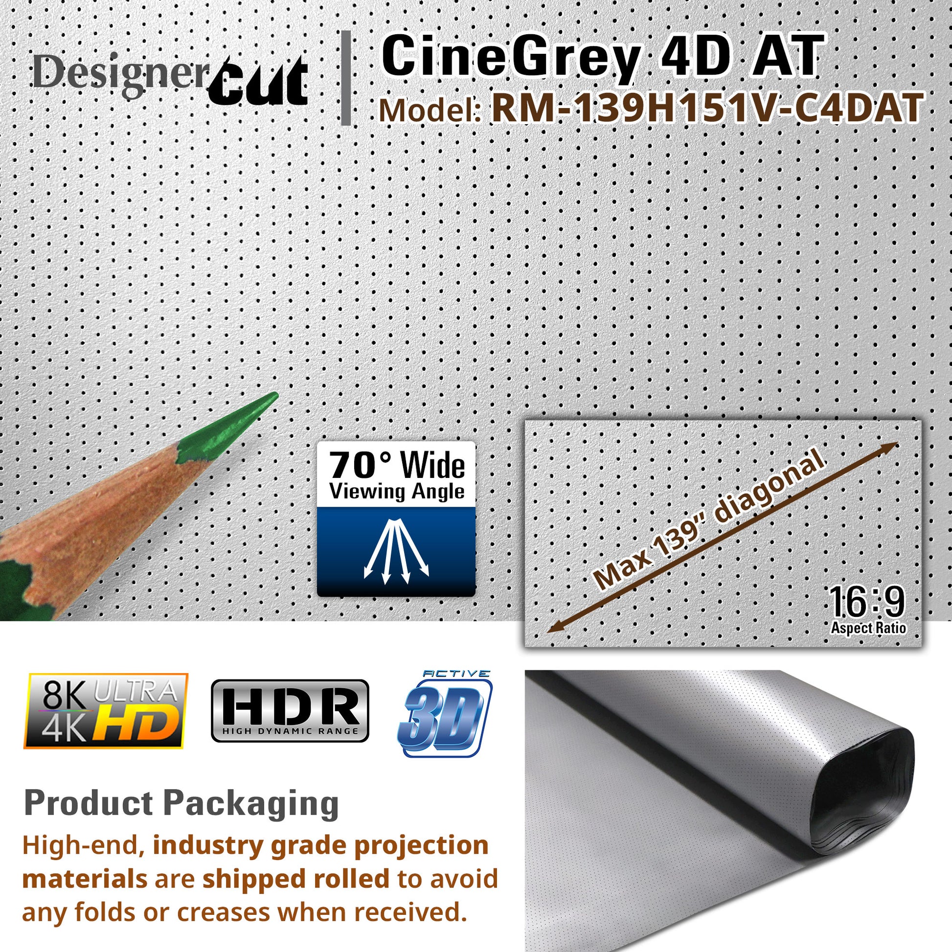CineGrey 4D AT projection screen material with specifications and features on a white background.