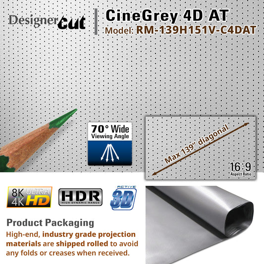 CineGrey 4D AT projection screen material with specifications and features on a white background.