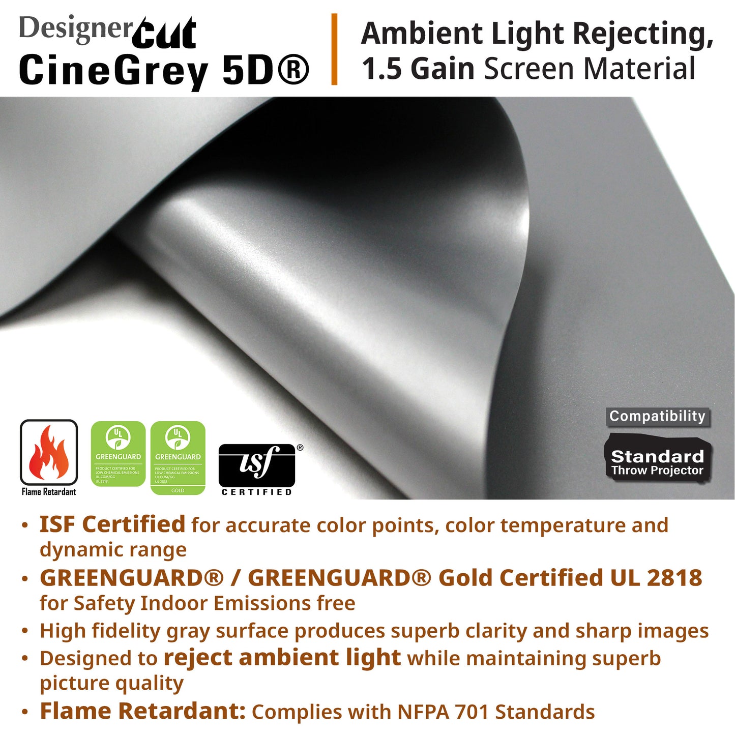 Advertisement for Designer Cut CineGray 5D screen material with product details and certifications.
