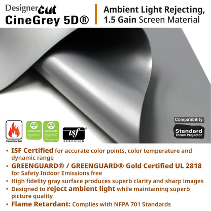 Advertisement for Designer Cut CineGray 5D screen material with product details and certifications.