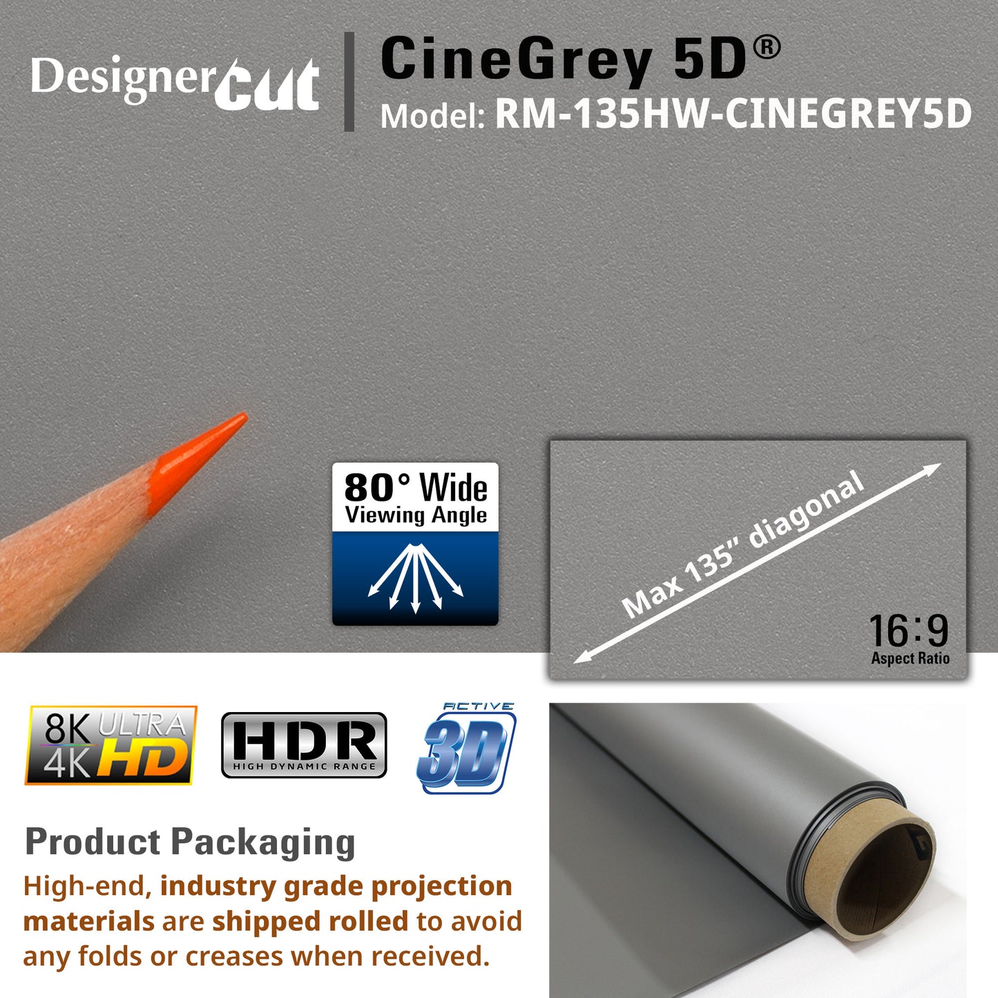CineGrey 5D projection screen material with pencil for scale on a gray background