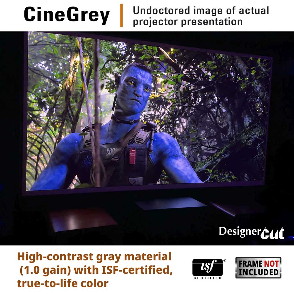 A CineGrey projector screen or display panel shown in a dark room, displaying a blue-skinned figure in a jungle scene. Text at the top reads 'CineGrey' and 'Undoctored image of actual projector presentation,' with additional marketing text at the bottom about high-contrast gray material and a 'Frame Not Included' badge.