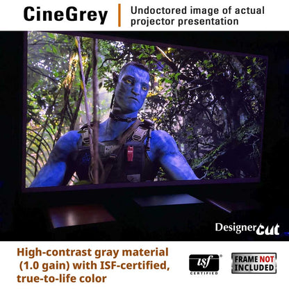 A CineGrey projector screen or display panel shown in a dark room, displaying a blue-skinned figure in a jungle scene. Text at the top reads 'CineGrey' and 'Undoctored image of actual projector presentation,' with additional marketing text at the bottom about high-contrast gray material and a 'Frame Not Included' badge.