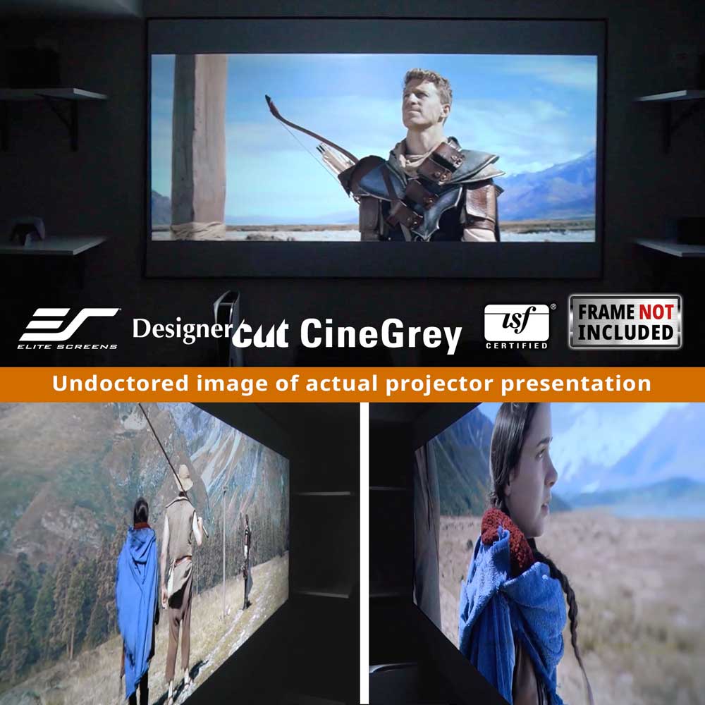 A promotional comparison graphic for a projector screen versus a TV screen. The top half shows a large screen displaying a man aiming a bow, with text reading 'DesignerCut CineGrey' and 'Frame Not Included.