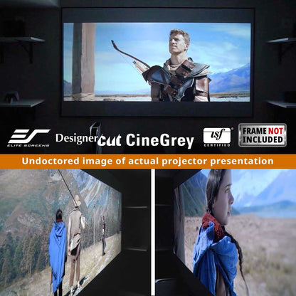 A promotional comparison graphic for a projector screen versus a TV screen. The top half shows a large screen displaying a man aiming a bow, with text reading 'DesignerCut CineGrey' and 'Frame Not Included.