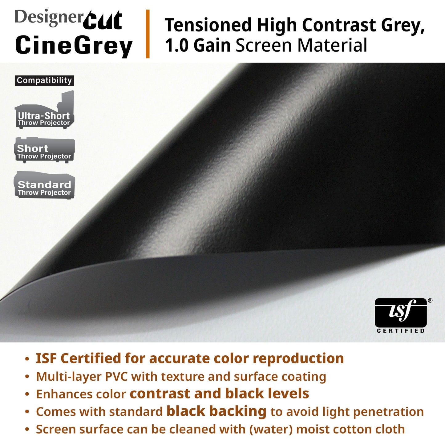 Advertisement for CineGrey tensioned high contrast grey screen material with ISF certification.